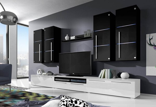 BARI nappali fal, felső szekrények: fekete, alsó szekrények: fehér