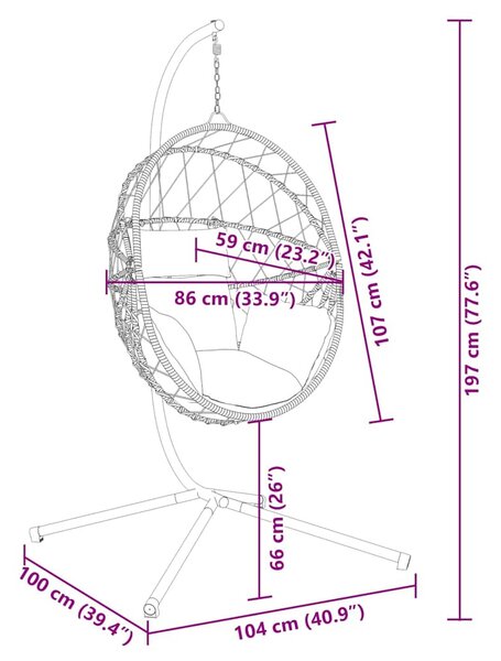 Tópszínű rattan és acél függő kagylószék állvánnyal
