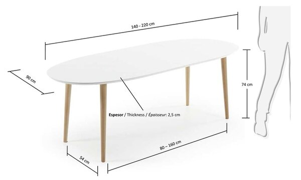 Fehér bővíthető étkezőasztal fehér asztallappal 90x140 cm Oqui – Kave Home