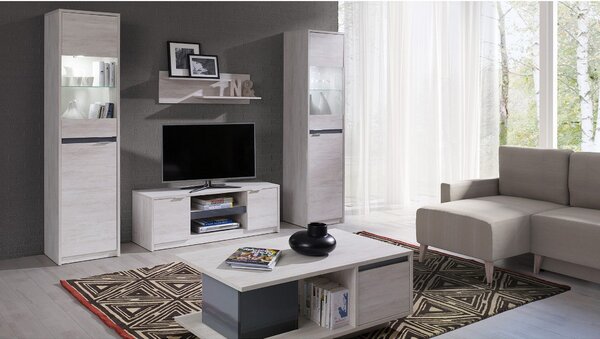 Nappali Fal KOLOREDO 2 - TV szekrény RTV2D + 2x Vitrines Szekrény + Dohányzó asztal + polc, fehér tölgy/magasfényű grafit