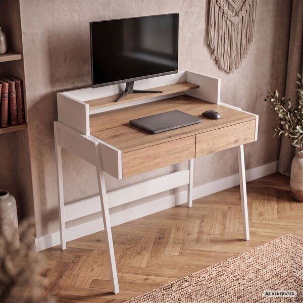 AKORD Furniture Factory FLUX Ipari Számítógépasztal Sonoma Tölgy 2 Fiókkal és 1 Polccal Fehér Lábakkal