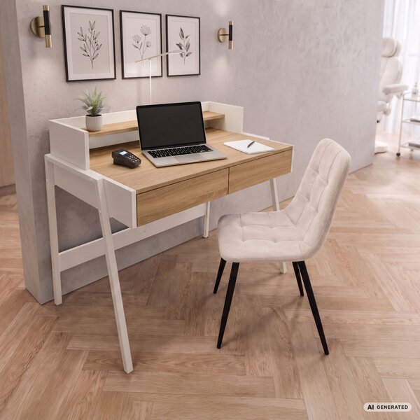 AKORD Furniture Factory FLUX Ipari Számítógépasztal Sonoma Tölgy 2 Fiókkal és 1 Polccal Fehér Lábakkal