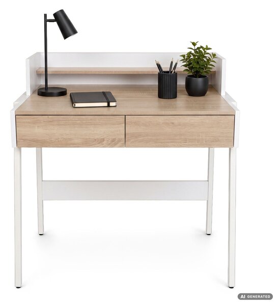 AKORD Furniture Factory FLUX Ipari Számítógépasztal Sonoma Tölgy 2 Fiókkal és 1 Polccal Fehér Lábakkal