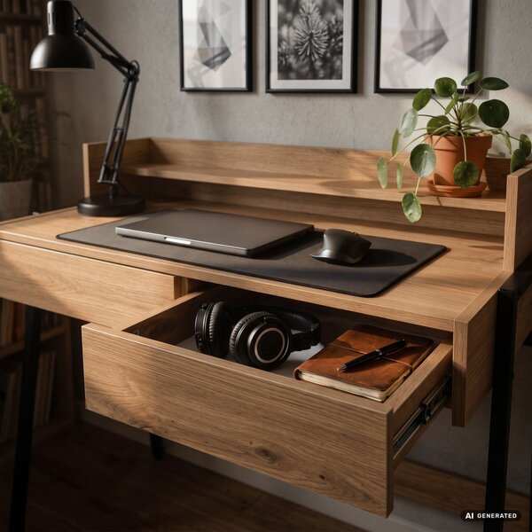 AKORD Furniture Factory FLUX Ipari Számítógépasztal Forgácslap + MDF Artisan Tölgy Fekete Lábak 2 Fiókkal