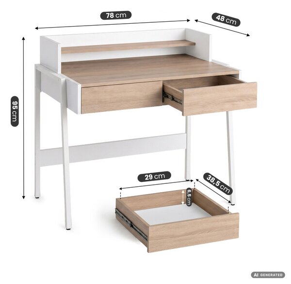 AKORD Furniture Factory FLUX Ipari Számítógépasztal Sonoma Tölgy 2 Fiókkal és 1 Polccal Fehér Lábakkal