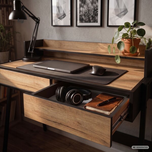 AKORD Furniture Factory FLUX Ipari Számítógépasztal Forgácslap + MDF Tölgy Craft/Fekete 2 Fiókkal és 1 Polccal