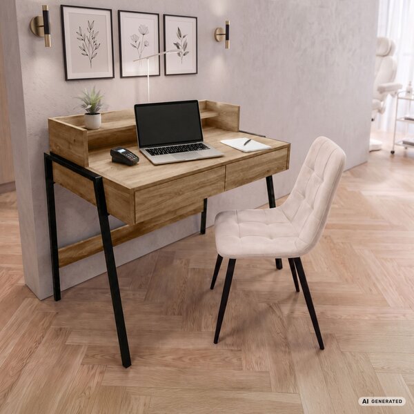 AKORD Furniture Factory FLUX Ipari Számítógépasztal Forgácslap + MDF Artisan Tölgy Fekete Lábak 2 Fiókkal