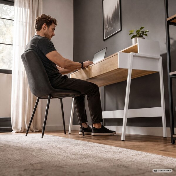 AKORD Furniture Factory FLUX Ipari Számítógépasztal Sonoma Tölgy 2 Fiókkal és 1 Polccal Fehér Lábakkal
