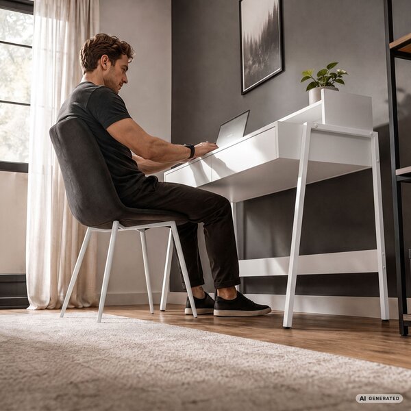 AKORD Furniture Factory Flux Számítógépasztal Fehér Ipari Stílusú 2 Fiókkal és 1 Polccal
