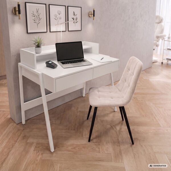 AKORD Furniture Factory Flux Számítógépasztal Fehér Ipari Stílusú 2 Fiókkal és 1 Polccal