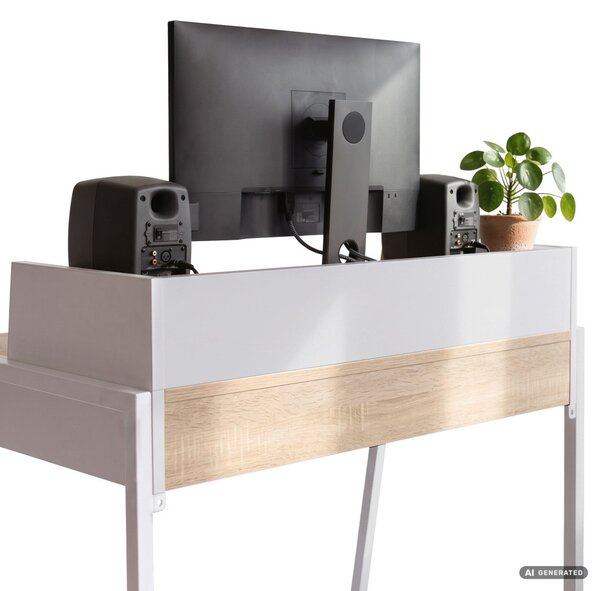 AKORD Furniture Factory FLUX Ipari Számítógépasztal Sonoma Tölgy 2 Fiókkal és 1 Polccal Fehér Lábakkal
