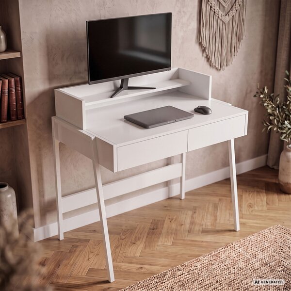 AKORD Furniture Factory Flux Számítógépasztal Fehér Ipari Stílusú 2 Fiókkal és 1 Polccal