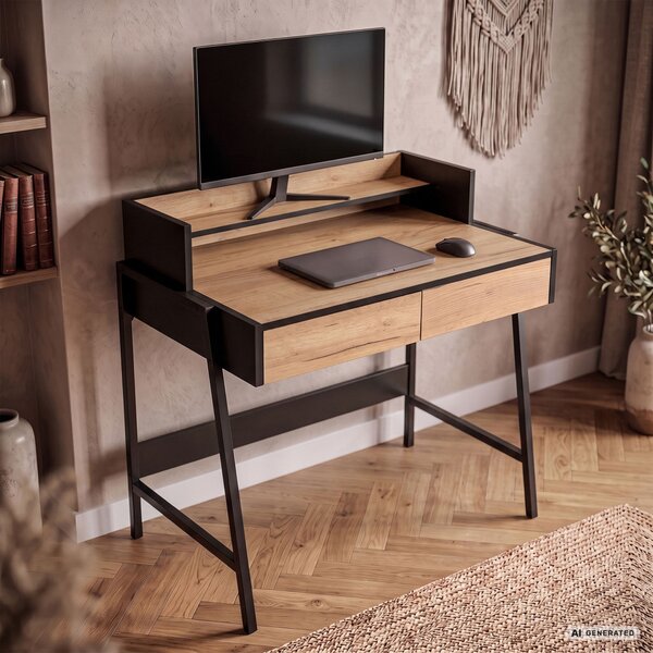 AKORD Furniture Factory FLUX Ipari Számítógépasztal Forgácslap + MDF Tölgy Craft/Fekete 2 Fiókkal és 1 Polccal