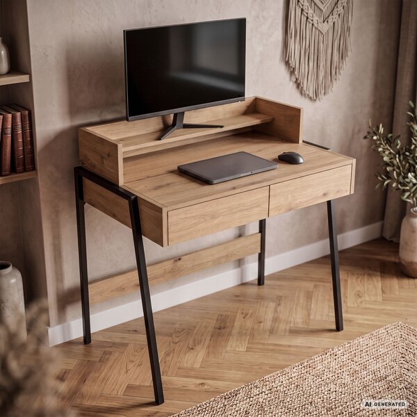 AKORD Furniture Factory FLUX Ipari Számítógépasztal Forgácslap + MDF Artisan Tölgy Fekete Lábak 2 Fiókkal