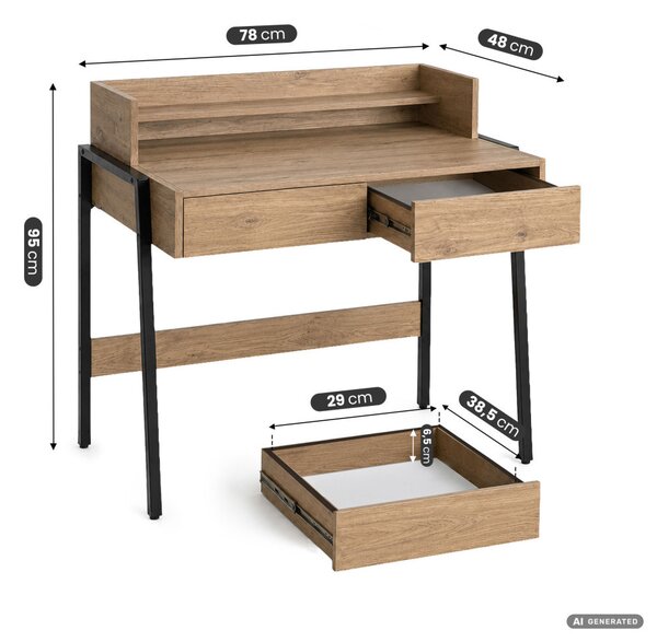 AKORD Furniture Factory FLUX Ipari Számítógépasztal Forgácslap + MDF Artisan Tölgy Fekete Lábak 2 Fiókkal