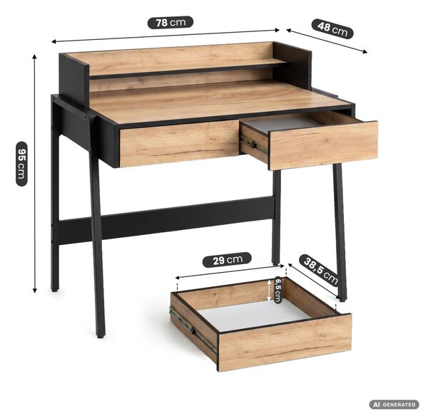 AKORD Furniture Factory FLUX Ipari Számítógépasztal Forgácslap + MDF Tölgy Craft/Fekete 2 Fiókkal és 1 Polccal