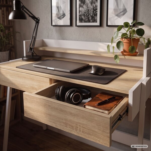 AKORD Furniture Factory FLUX Ipari Számítógépasztal Sonoma Tölgy 2 Fiókkal és 1 Polccal Fehér Lábakkal