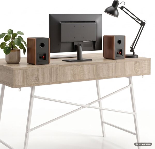 AKORD Furniture Factory ARDEN Ipari Számítógépasztal Sonoma Tölgy 2 Fiókkal és 1 Polccal Fehér Fémlábakon