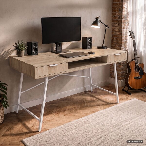 AKORD Furniture Factory ARDEN Ipari Számítógépasztal Sonoma Tölgy 2 Fiókkal és 1 Polccal Fehér Fémlábakon