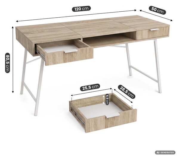 AKORD Furniture Factory ARDEN Ipari Számítógépasztal Sonoma Tölgy 2 Fiókkal és 1 Polccal Fehér Fémlábakon