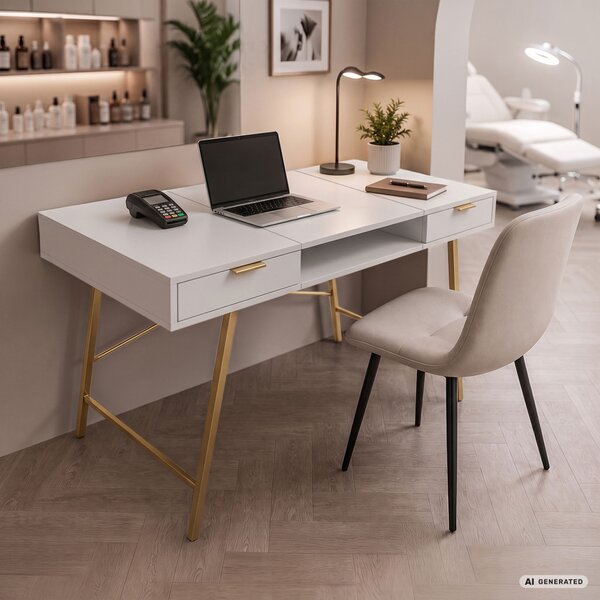 AKORD Furniture Factory Arden Ipari Számítógépasztal Fehér Arany Lábakkal