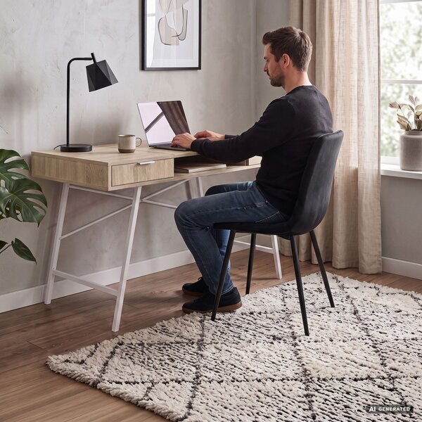 AKORD Furniture Factory ARDEN Ipari Számítógépasztal Sonoma Tölgy 2 Fiókkal és 1 Polccal Fehér Fémlábakon