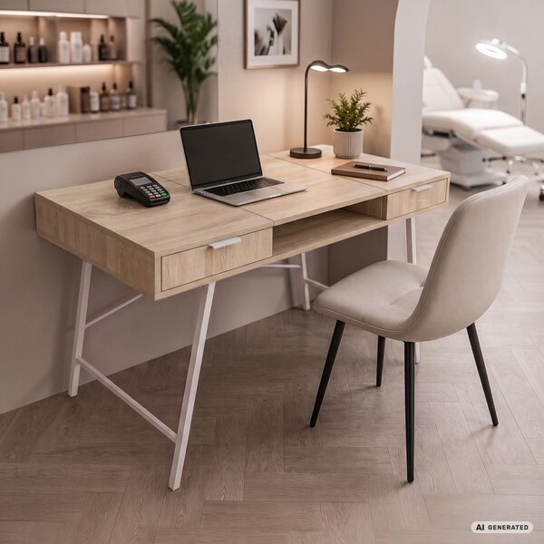AKORD Furniture Factory ARDEN Ipari Számítógépasztal Sonoma Tölgy 2 Fiókkal és 1 Polccal Fehér Fémlábakon