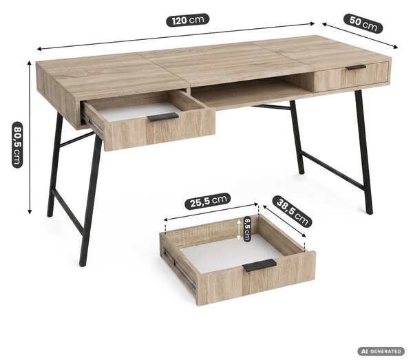 AKORD Furniture Factory Arden Ipari Számítógépasztal Sonoma Tölgy Fekete Lábakkal 2 Fiókkal