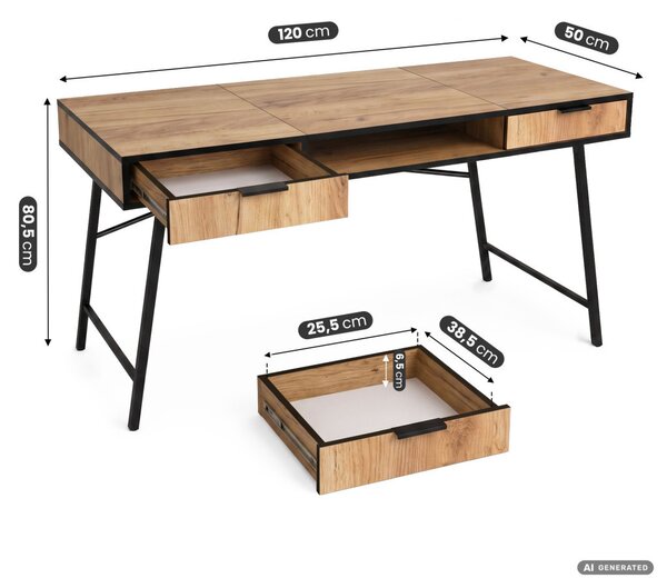 AKORD Furniture Factory ARDEN Ipari Számítógépasztal Tölgy Craft Fekete Lábakkal 2 Fiókkal