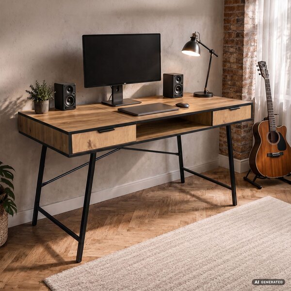 AKORD Furniture Factory ARDEN Ipari Számítógépasztal Tölgy Craft Fekete Lábakkal 2 Fiókkal