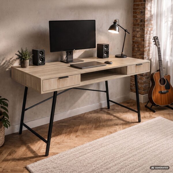 AKORD Furniture Factory Arden Ipari Számítógépasztal Sonoma Tölgy Fekete Lábakkal 2 Fiókkal
