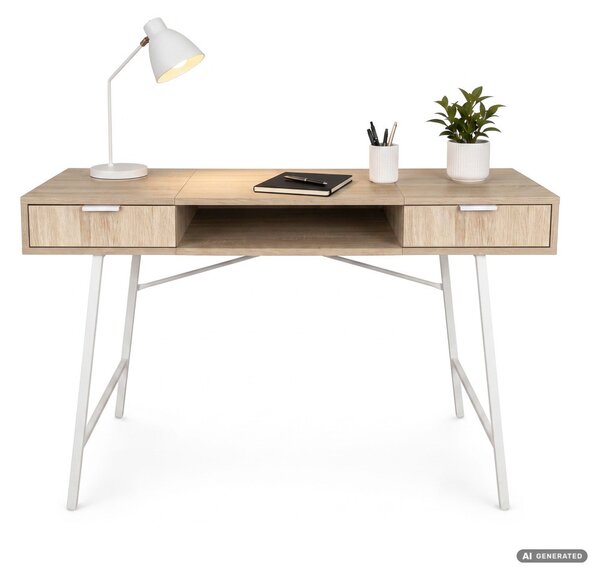 AKORD Furniture Factory ARDEN Ipari Számítógépasztal Sonoma Tölgy 2 Fiókkal és 1 Polccal Fehér Fémlábakon