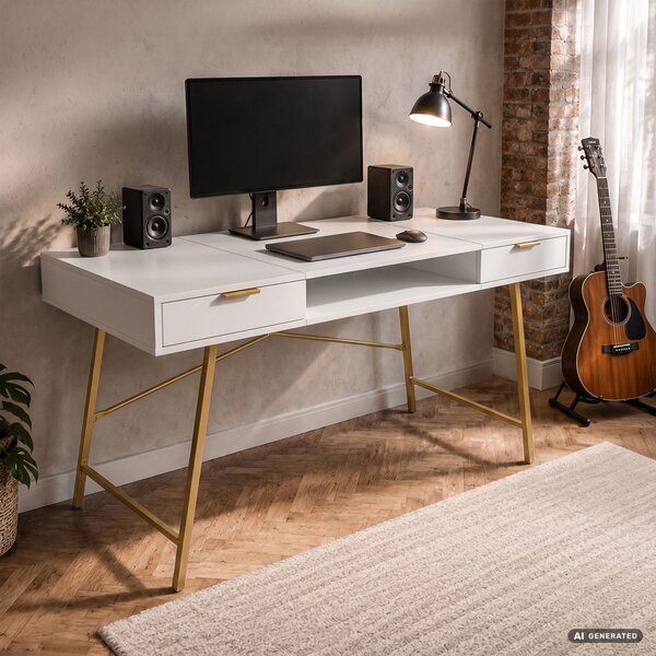 AKORD Furniture Factory Arden Ipari Számítógépasztal Fehér Arany Lábakkal