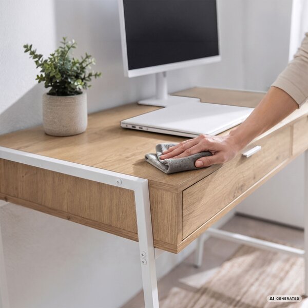 AKORD Furniture Factory Zentia Számítógépasztal Forgácslap + MDF Artisan Tölgy Fehér Lábakkal 2 Fiókkal