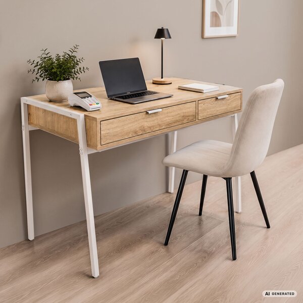 AKORD Furniture Factory Zentia Számítógépasztal Forgácslap + MDF Artisan Tölgy Fehér Lábakkal 2 Fiókkal