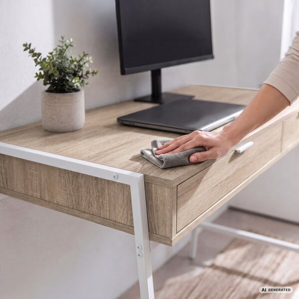 AKORD Furniture Factory Zentia Ipari Számítógépasztal Sonoma Tölgy 2 Fiókkal Fehér Lábakkal