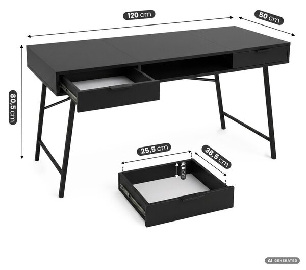 AKORD Furniture Factory Arden Ipari Számítógépasztal Fekete 120 cm 2 Fiókkal és 1 Polccal