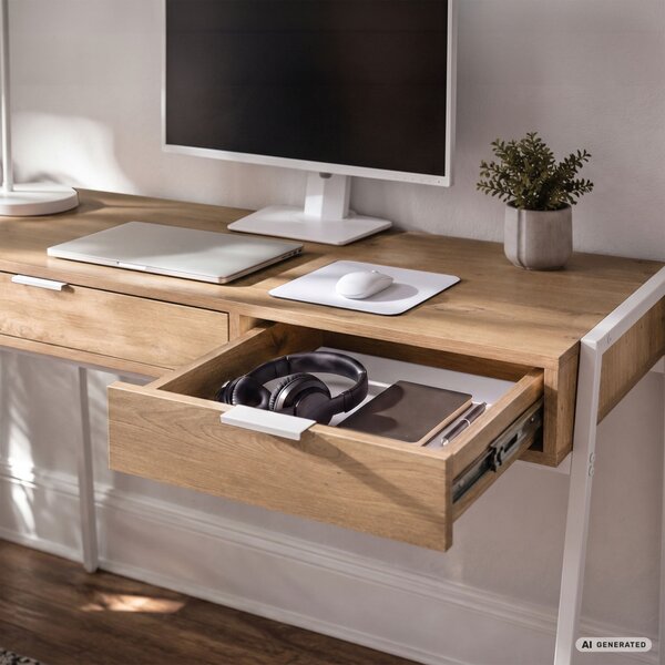 AKORD Furniture Factory Zentia Számítógépasztal Forgácslap + MDF Artisan Tölgy Fehér Lábakkal 2 Fiókkal