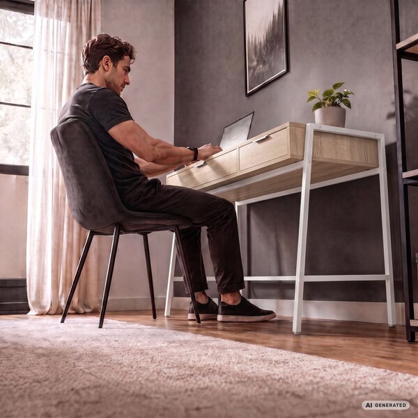 AKORD Furniture Factory Zentia Ipari Számítógépasztal Sonoma Tölgy 2 Fiókkal Fehér Lábakkal