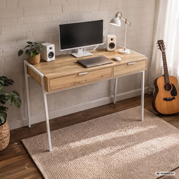 AKORD Furniture Factory Zentia Számítógépasztal Forgácslap + MDF Artisan Tölgy Fehér Lábakkal 2 Fiókkal