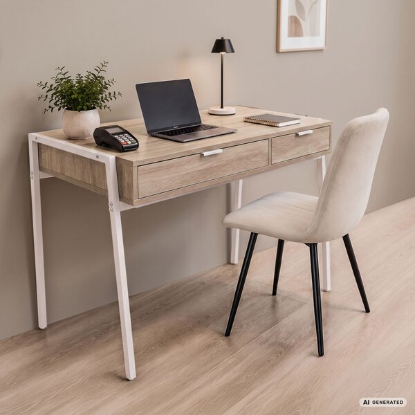 AKORD Furniture Factory Zentia Ipari Számítógépasztal Sonoma Tölgy 2 Fiókkal Fehér Lábakkal
