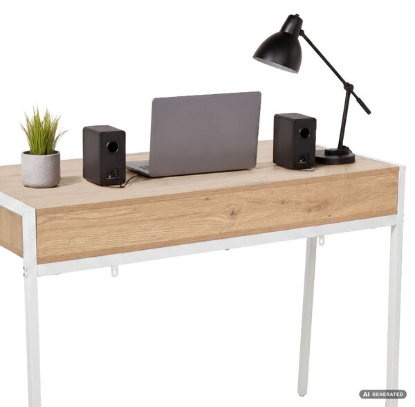 AKORD Furniture Factory Zentia Számítógépasztal Forgácslap + MDF Artisan Tölgy Fehér Lábakkal 2 Fiókkal