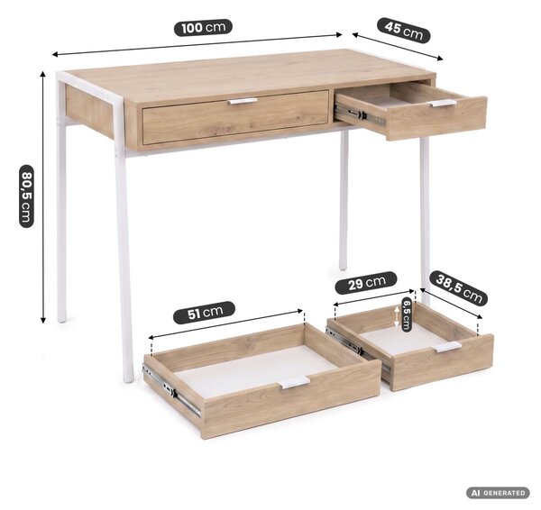 AKORD Furniture Factory Zentia Számítógépasztal Forgácslap + MDF Artisan Tölgy Fehér Lábakkal 2 Fiókkal
