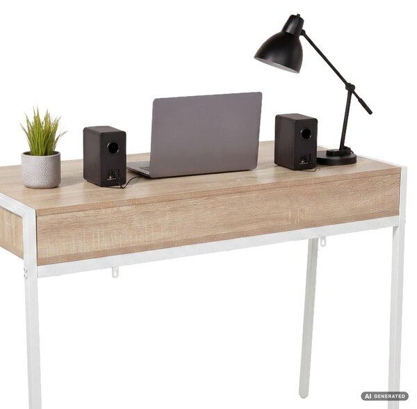 AKORD Furniture Factory Zentia Ipari Számítógépasztal Sonoma Tölgy 2 Fiókkal Fehér Lábakkal