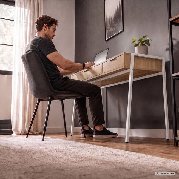 AKORD Furniture Factory Zentia Számítógépasztal Forgácslap + MDF Artisan Tölgy Fehér Lábakkal 2 Fiókkal