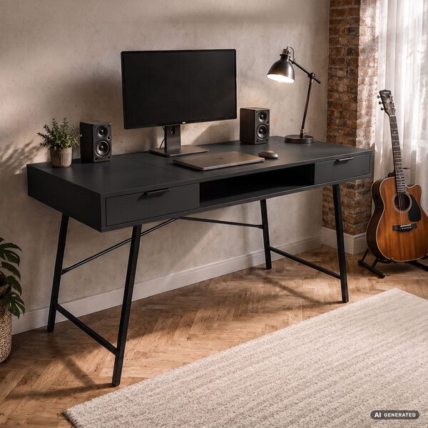 AKORD Furniture Factory Arden Ipari Számítógépasztal Fekete 120 cm 2 Fiókkal és 1 Polccal