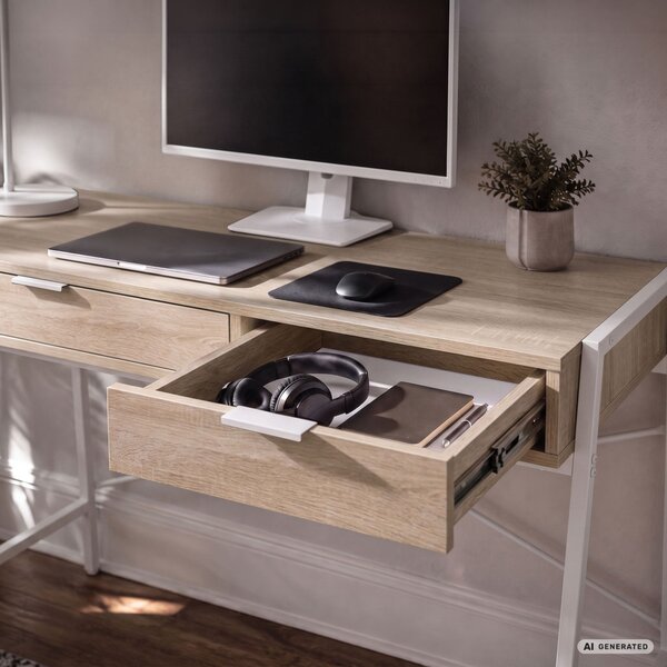 AKORD Furniture Factory Zentia Ipari Számítógépasztal Sonoma Tölgy 2 Fiókkal Fehér Lábakkal