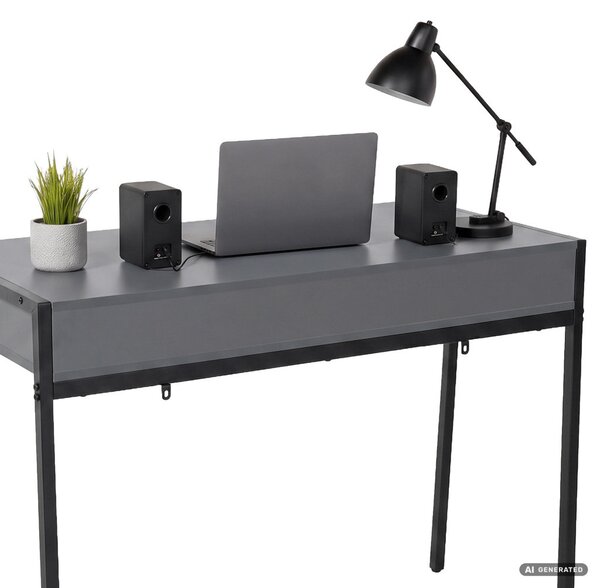 AKORD Furniture Factory Zentia Ipari Számítógépasztal Forgácslap Grafit 2 Fiókkal Fekete Lábakkal