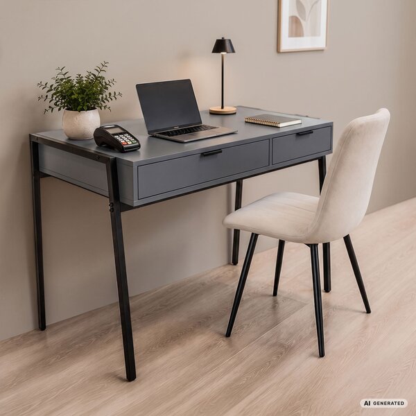 AKORD Furniture Factory Zentia Ipari Számítógépasztal Forgácslap Grafit 2 Fiókkal Fekete Lábakkal