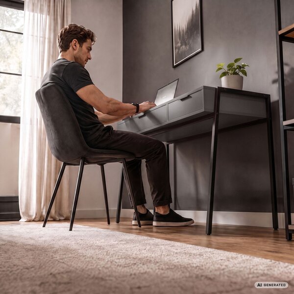 AKORD Furniture Factory Zentia Ipari Számítógépasztal Forgácslap Grafit 2 Fiókkal Fekete Lábakkal